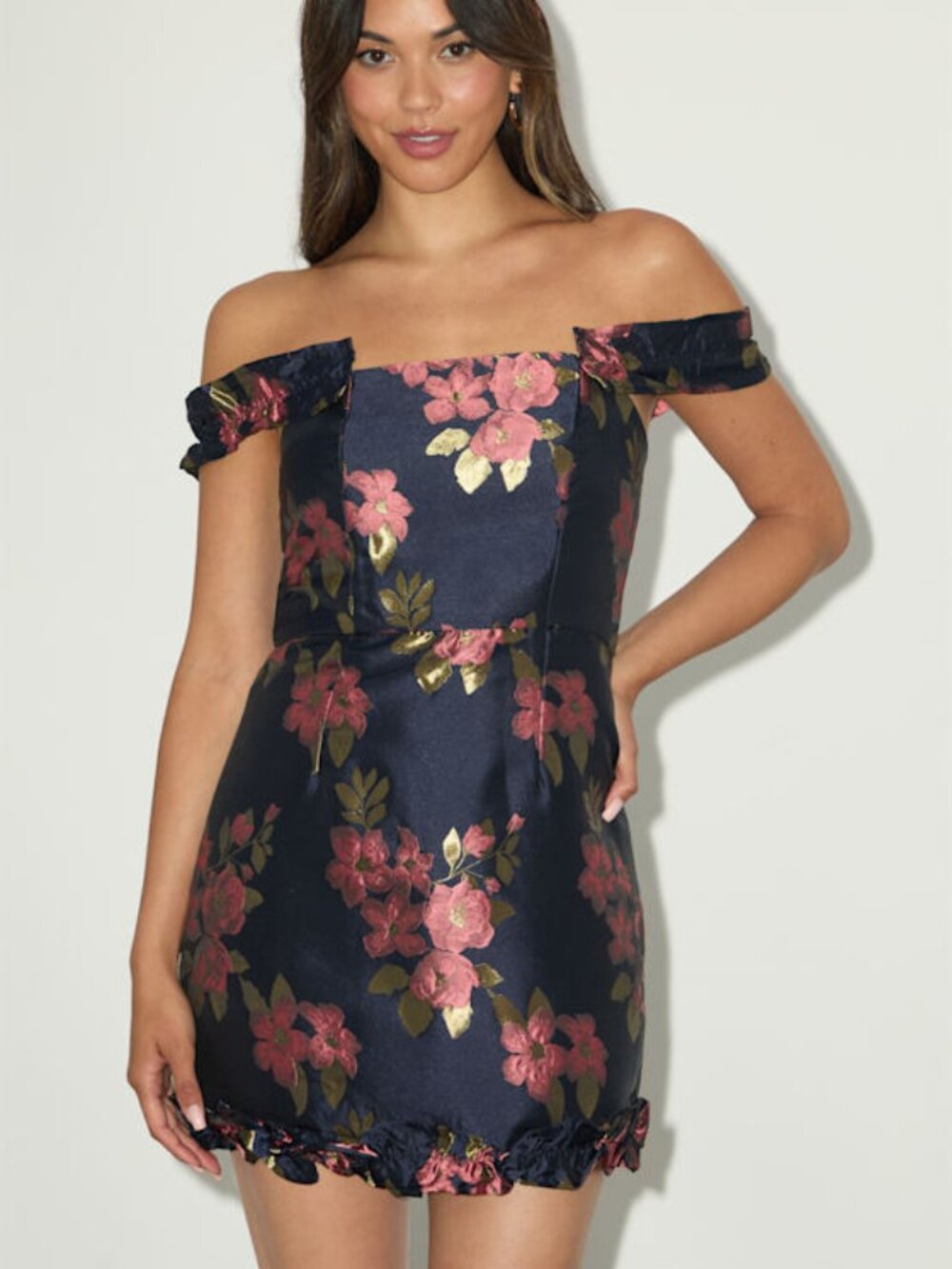 Lulus Pop The Bottle Navy Blue Floral Jacquard Ruffled Mini Dress - Size M